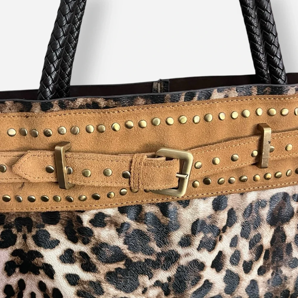 LIONEL Leopard Bag Faux Leather Suede Trim‎ Studded Braided Handles Western
